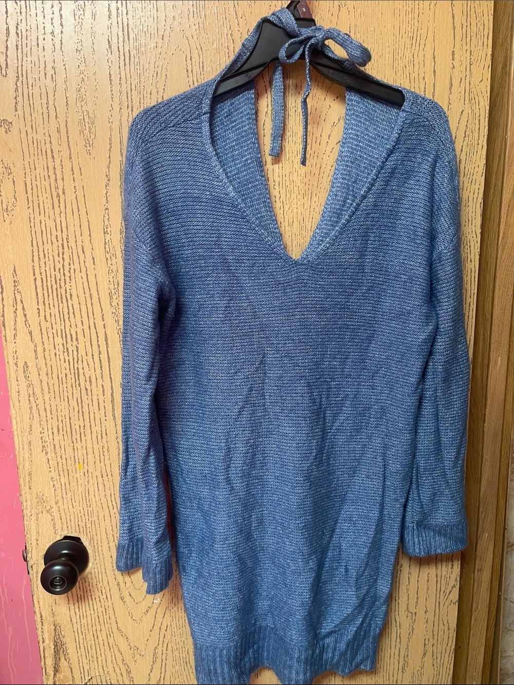 American Eagle Outfitters Blue V-Neck Tie-Back Sweater Dress